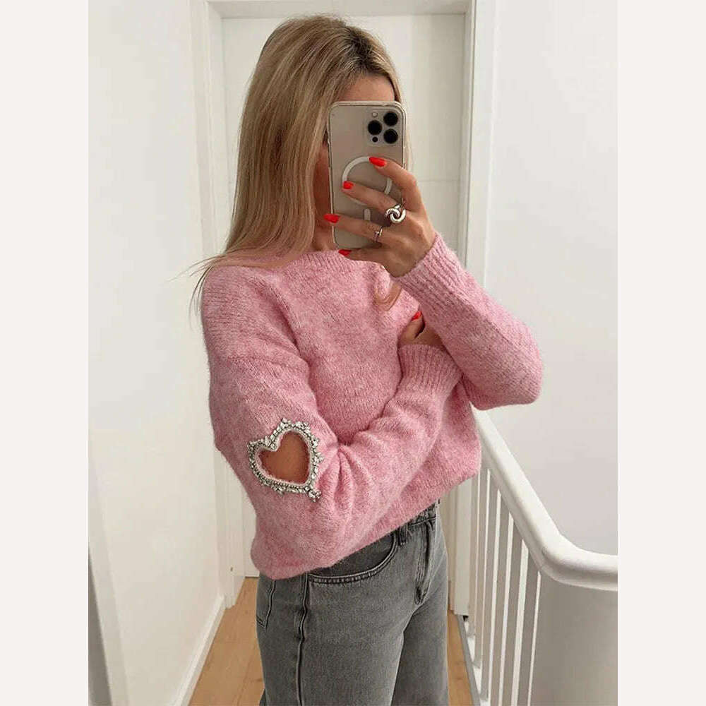 KIMLUD, Women Casual Solid Love Hollow Out Sweater Elegant Round Neck Long Sleeve Knitted Jumpers Fashion Lady Autumn Warm Pullover Tops, Pink / S, KIMLUD APPAREL - Womens Clothes