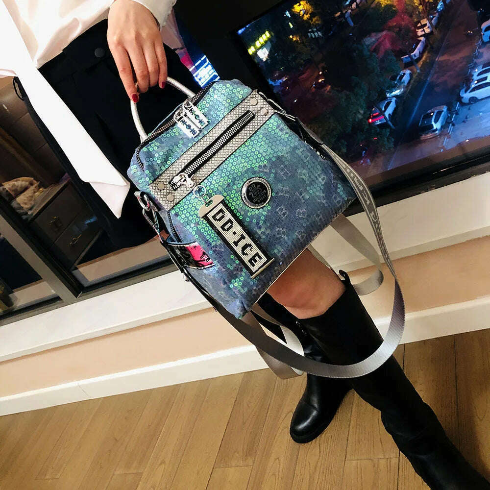 Women Casual Vegan Leather Sequins Backpack Female Fashion High Quality Big Size School Bag Luxury Brand Large Capacity Knapsack - KIMLUD