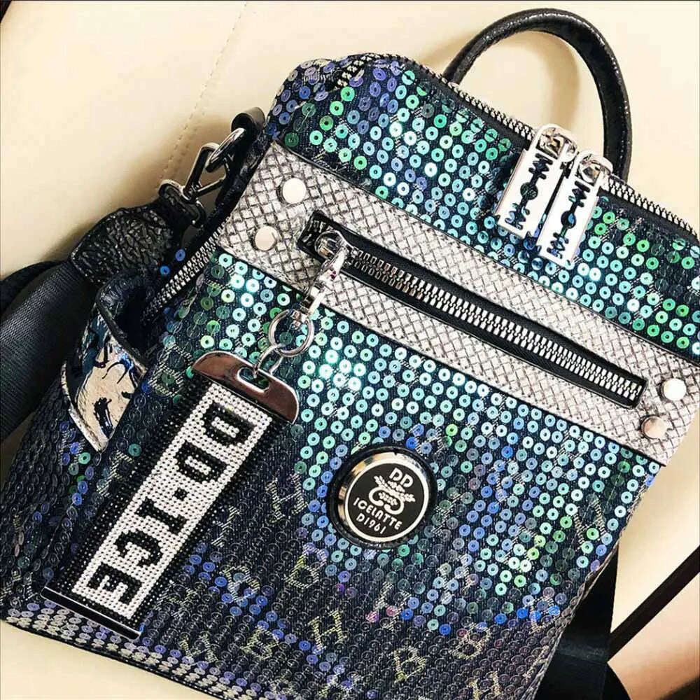 Women Casual Vegan Leather Sequins Backpack Female Fashion High Quality Big Size School Bag Luxury Brand Large Capacity Knapsack - KIMLUD