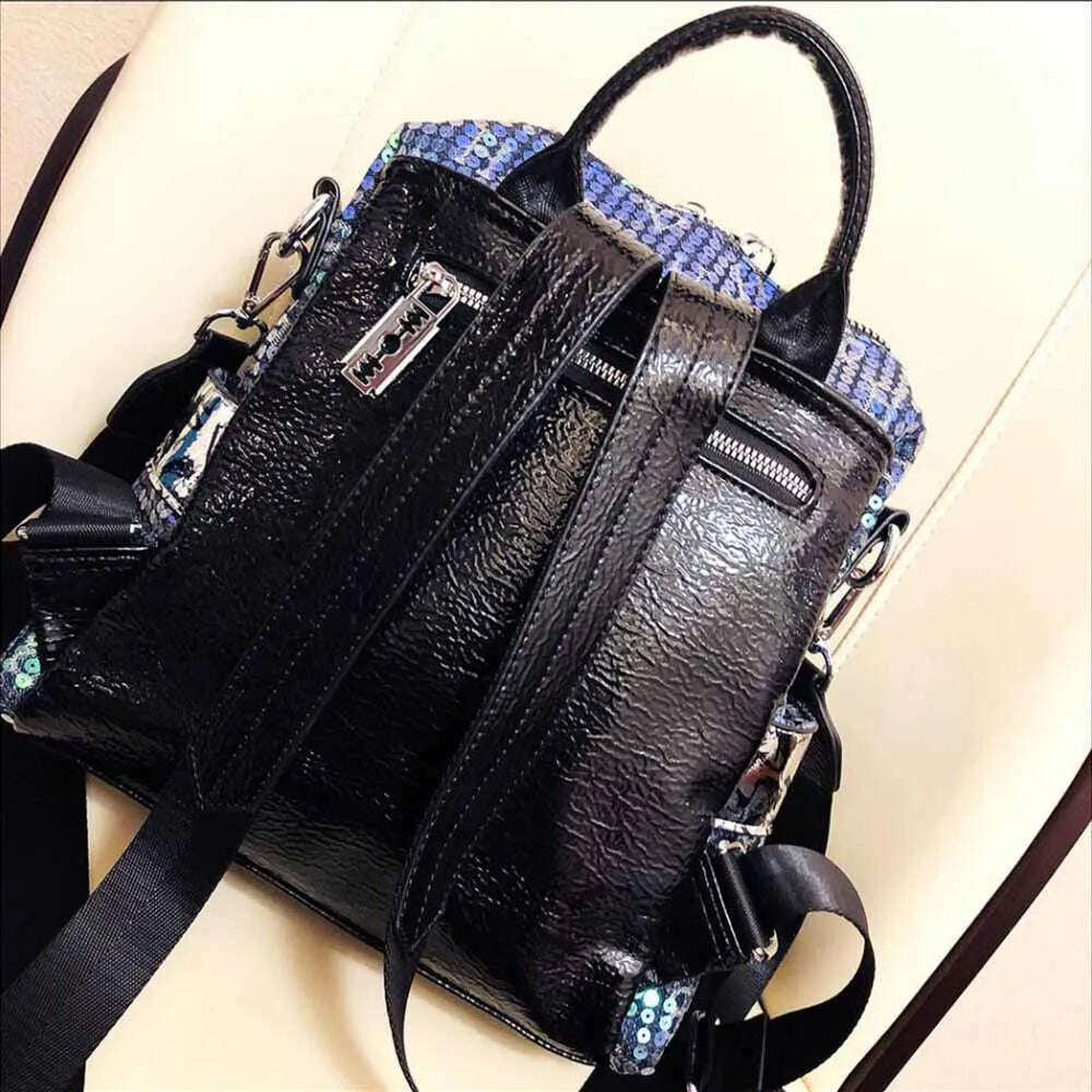 Women Casual Vegan Leather Sequins Backpack Female Fashion High Quality Big Size School Bag Luxury Brand Large Capacity Knapsack - KIMLUD