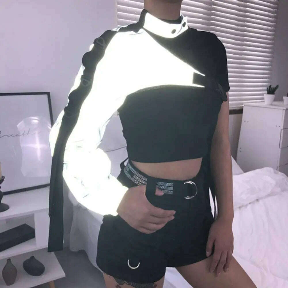 Women Chic Choker One Long Sleeve Strap Buckle Reflective Halter Smock Blouse Female Clothing - KIMLUD