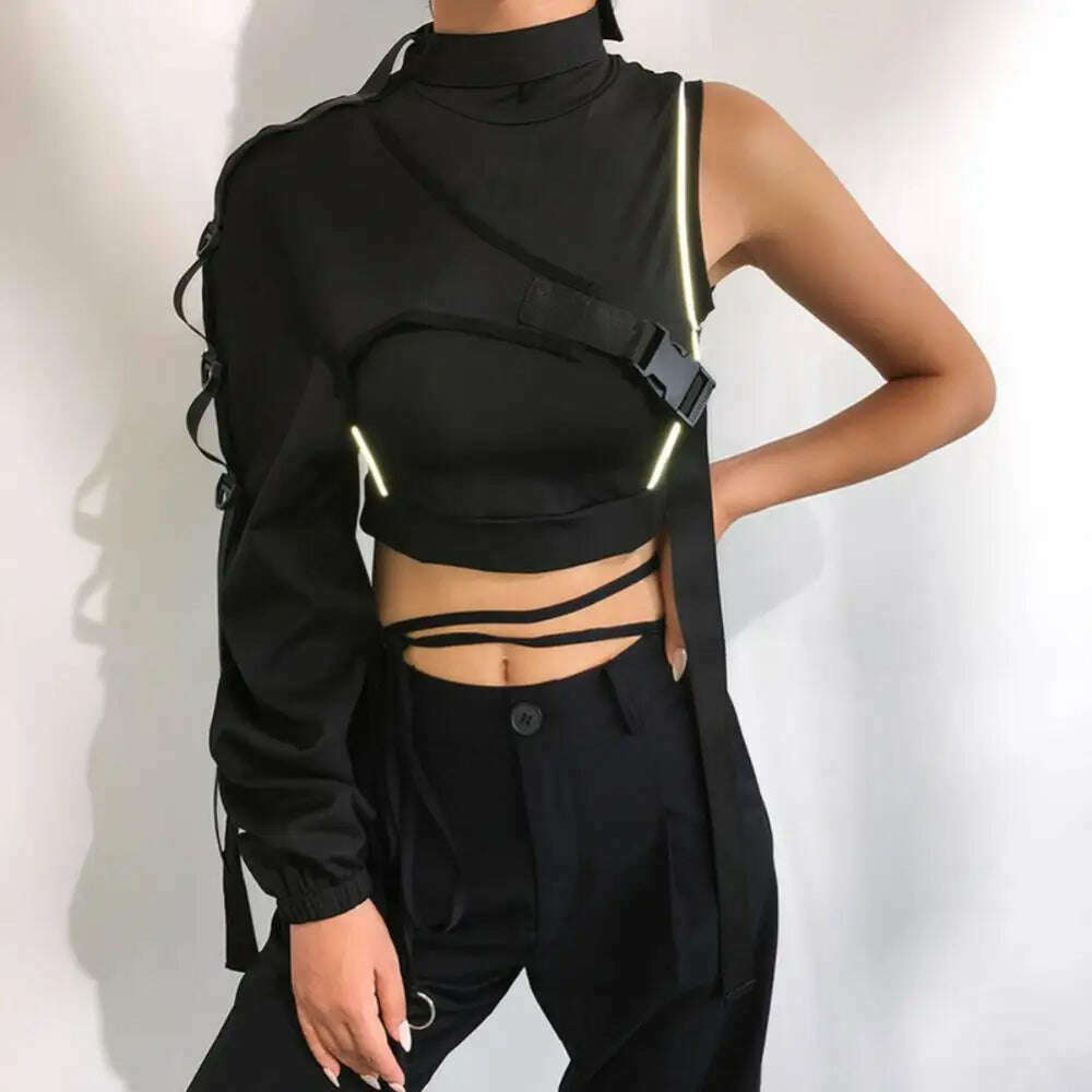 Women Chic Choker One Long Sleeve Strap Buckle Reflective Halter Smock Blouse Female Clothing - KIMLUD