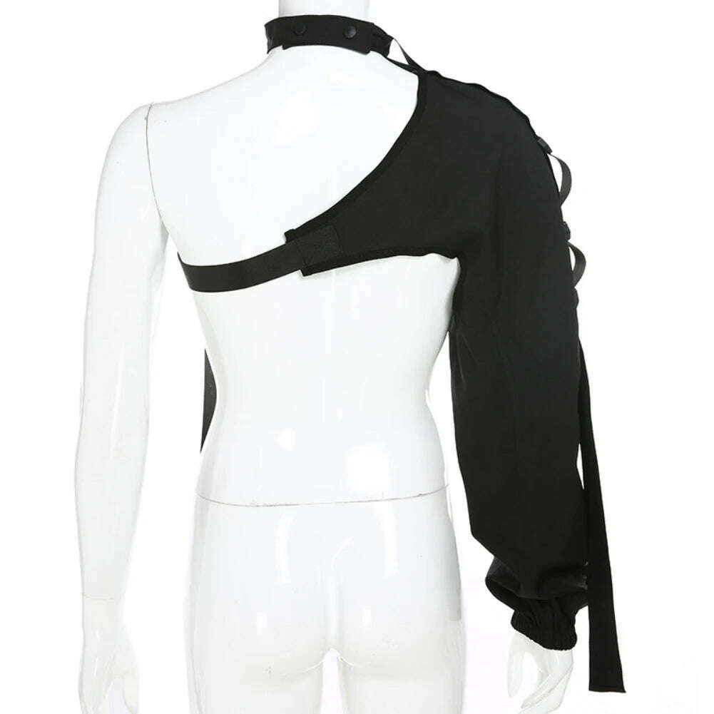 Women Chic Choker One Long Sleeve Strap Buckle Reflective Halter Smock Blouse Female Clothing - KIMLUD