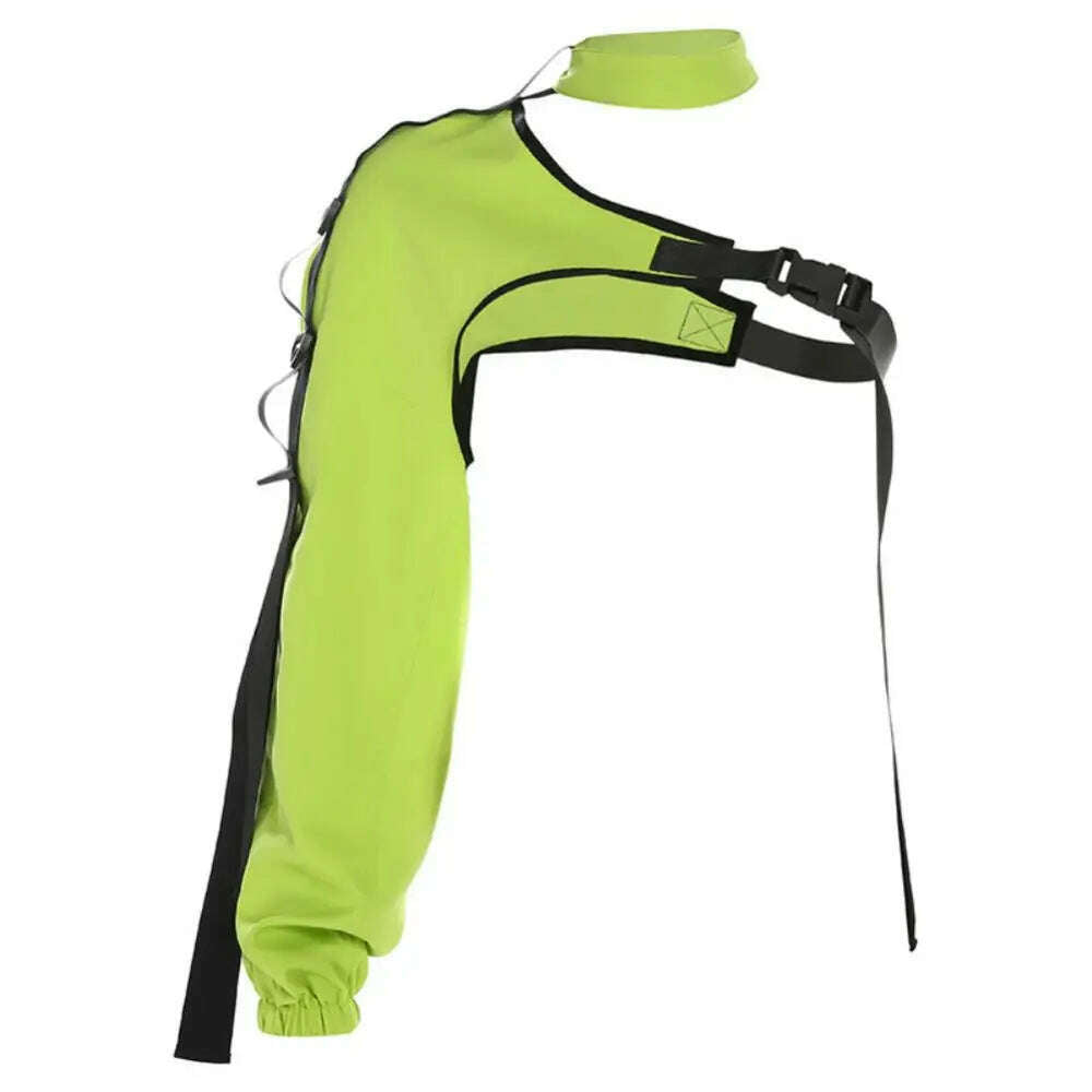 Women Chic Choker One Long Sleeve Strap Buckle Reflective Halter Smock Blouse Female Clothing - KIMLUD