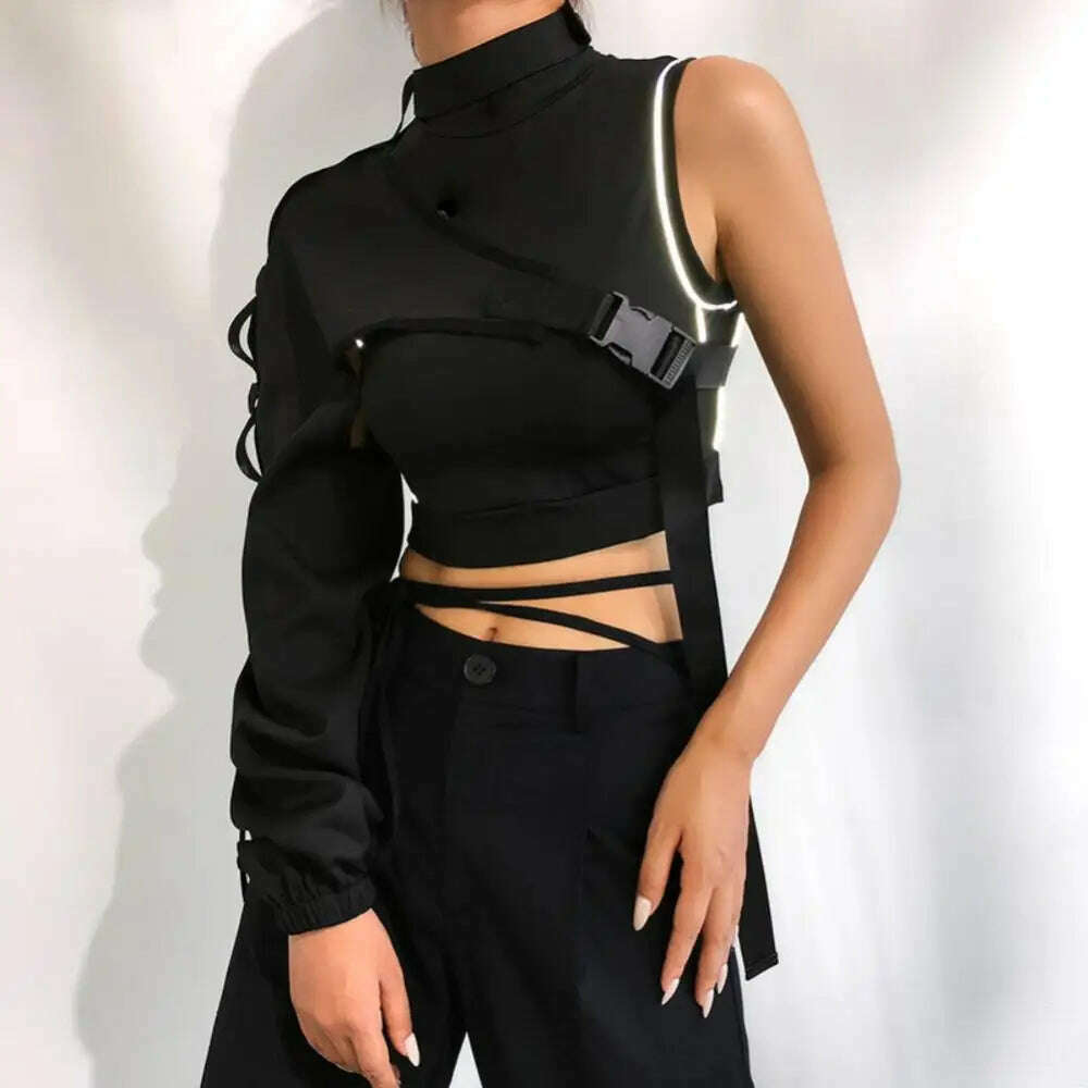 Women Chic Choker One Long Sleeve Strap Buckle Reflective Halter Smock Blouse Female Clothing - KIMLUD