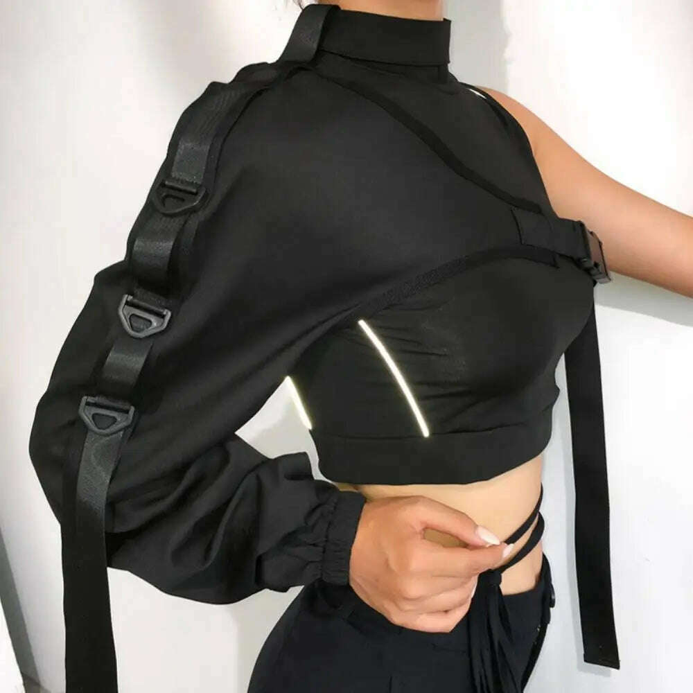 Women Chic Choker One Long Sleeve Strap Buckle Reflective Halter Smock Blouse Female Clothing - KIMLUD