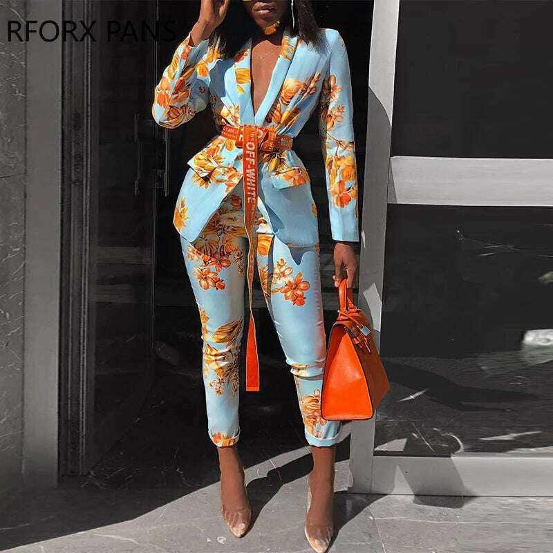 KIMLUD, Women Chic Elegant All over Print  Long Sleeve Sashes Ankle-Length Pants Spring Working Blazer Sets, Sky Blue / S, KIMLUD Women's Clothes
