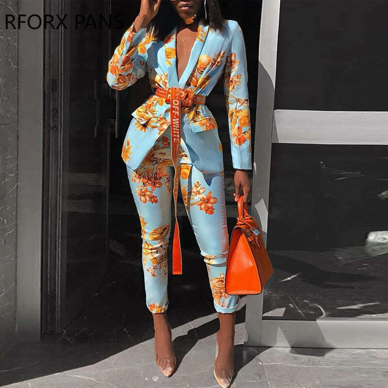 Women Chic Elegant All over Print Long Sleeve Sashes Ankle-Length Pants Spring Working Blazer Sets - KIMLUD