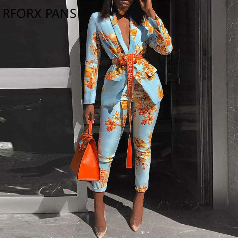 Women Chic Elegant All over Print Long Sleeve Sashes Ankle-Length Pants Spring Working Blazer Sets - KIMLUD