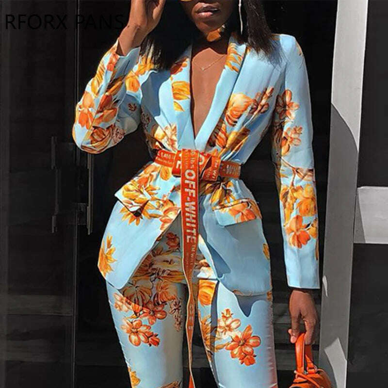 Women Chic Elegant All over Print Long Sleeve Sashes Ankle-Length Pants Spring Working Blazer Sets - KIMLUD