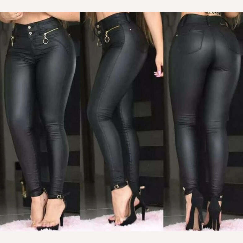 KIMLUD, Women Chic Solid Casual PU leather Zipper Waist Skinny Pencil Pants, Black / S, KIMLUD Womens Clothes