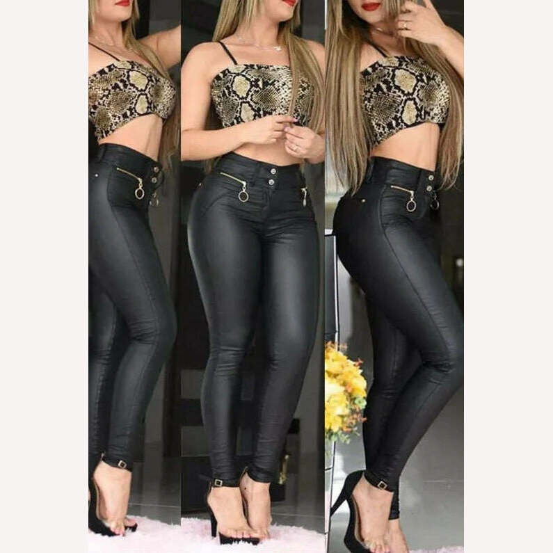 Women Chic Solid Casual PU leather Zipper Waist Skinny Pencil Pants - KIMLUD