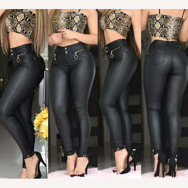 Women Chic Solid Casual PU leather Zipper Waist Skinny Pencil Pants - KIMLUD