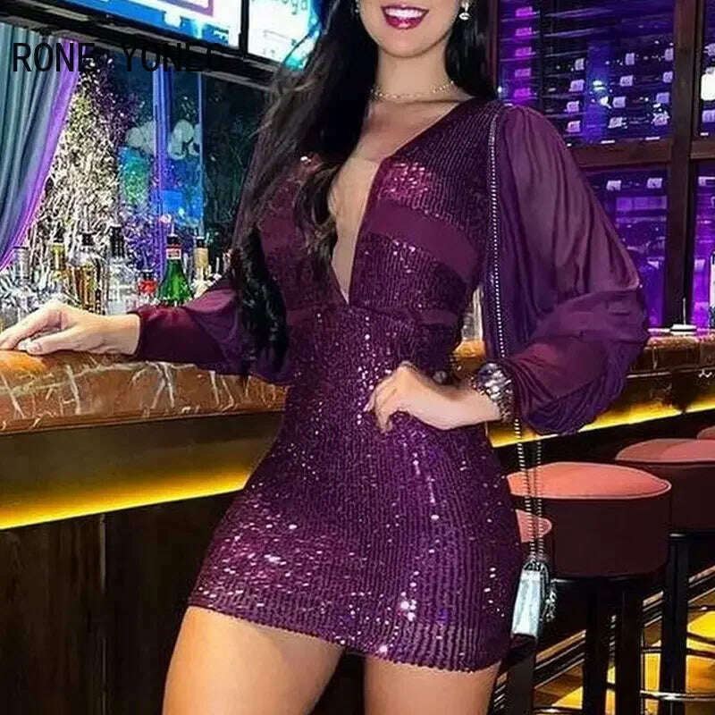 Women Chic Solid Sequins Sexy Deep V Neck Long Lantern Sleeves Patchwork Mini Bodycon Party Dresses - KIMLUD