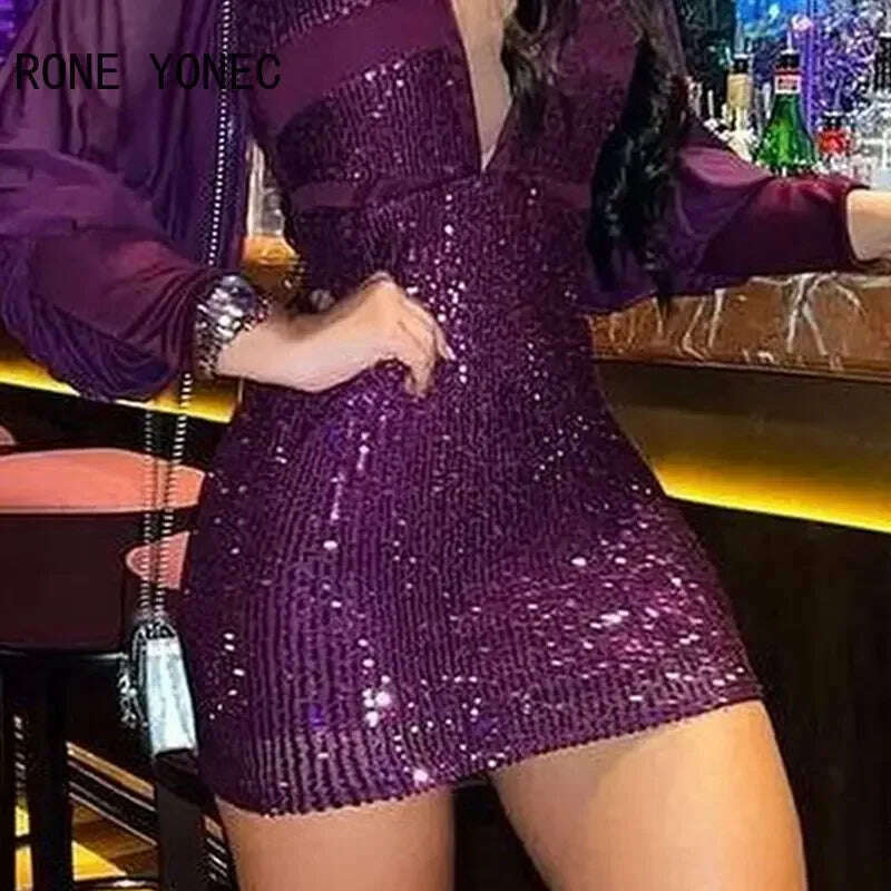 KIMLUD, Women Chic Solid Sequins Sexy Deep V Neck Long Lantern Sleeves Patchwork Mini Bodycon Party Dresses, KIMLUD Womens Clothes