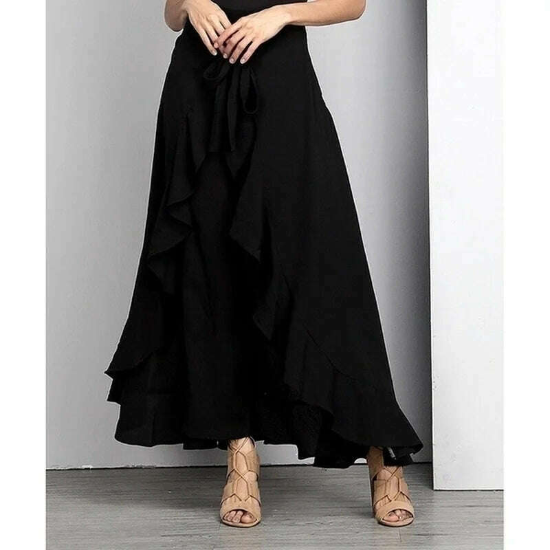 KIMLUD, Women Chiffon Knot Tie Waist Ruffle  Pants Pure Color Long Skirts Style Elegant Wide Leg Pants, Black / S, KIMLUD Womens Clothes