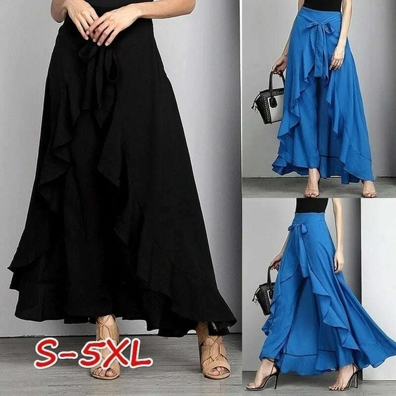 KIMLUD, Women Chiffon Knot Tie Waist Ruffle  Pants Pure Color Long Skirts Style Elegant Wide Leg Pants, KIMLUD Womens Clothes