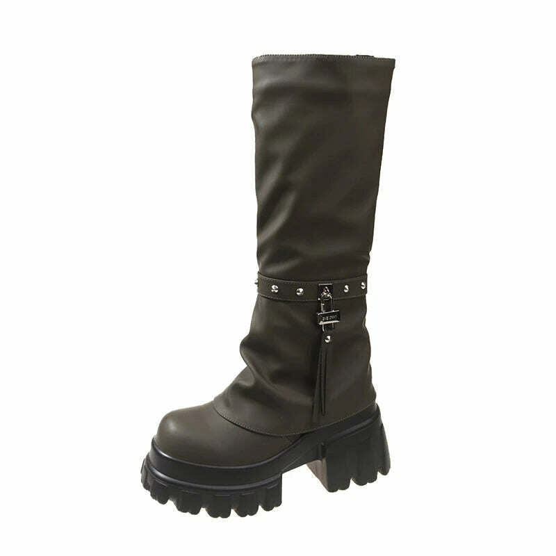 KIMLUD, Women Chunky Platform Knee-High Boots Punk Leather Long Boot Woman 9CM Heels New Autumn Winter Warm Fur Shoes Motorcycle Booties, army green / 34, KIMLUD APPAREL - Womens Clothes