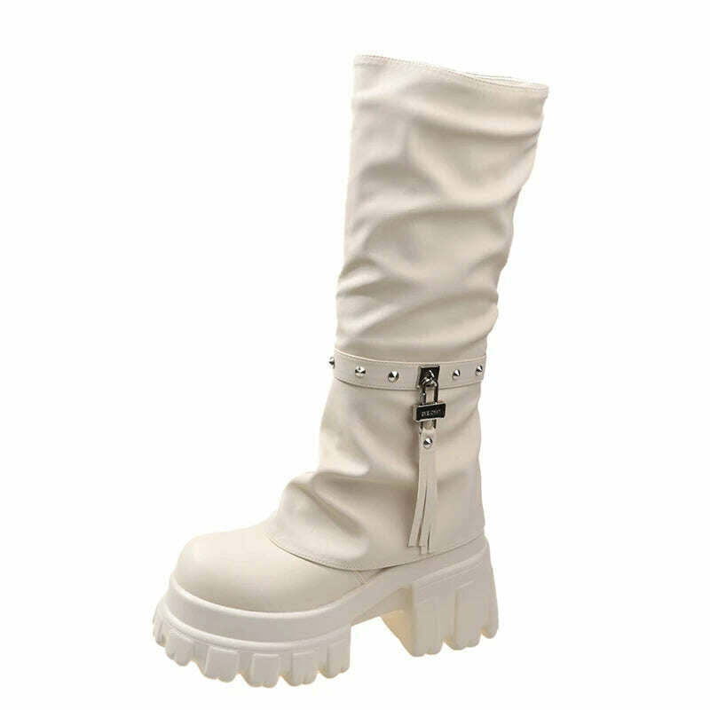 KIMLUD, Women Chunky Platform Knee-High Boots Punk Leather Long Boot Woman 9CM Heels New Autumn Winter Warm Fur Shoes Motorcycle Booties, Beige / 34, KIMLUD APPAREL - Womens Clothes