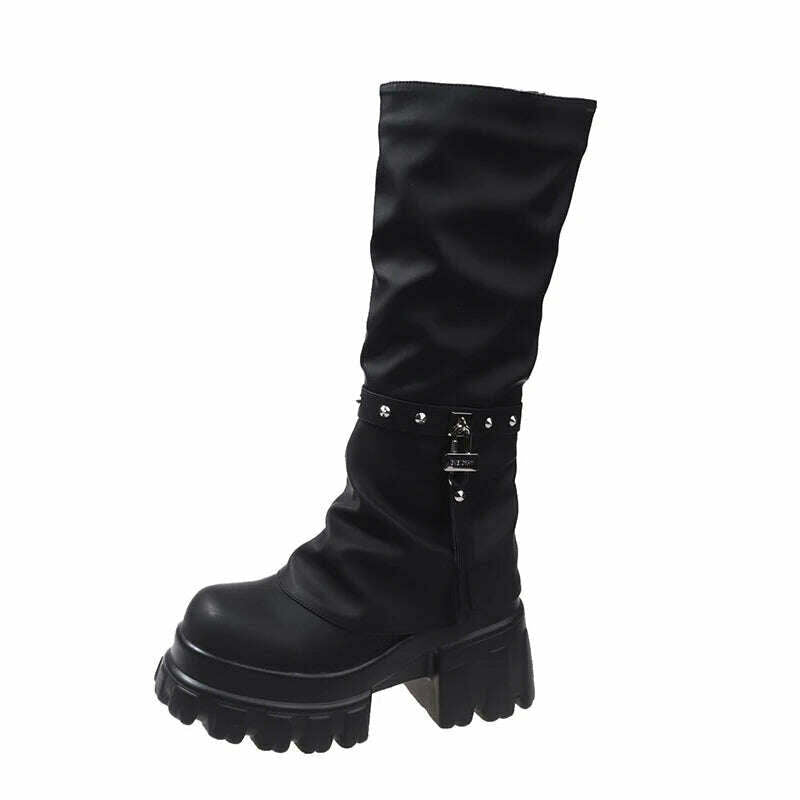 KIMLUD, Women Chunky Platform Knee-High Boots Punk Leather Long Boot Woman 9CM Heels New Autumn Winter Warm Fur Shoes Motorcycle Booties, black / 34, KIMLUD Women's Clothes