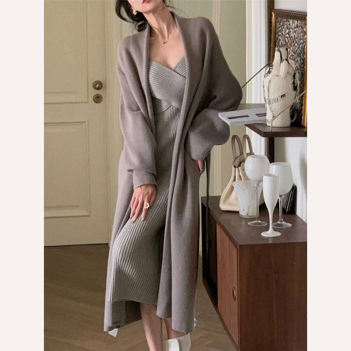 KIMLUD, Women Clothes Elegant Autumn Winter Lace Up Coat Female Fashion Outerwear Solid Lady 2022 Knitted Sweaters Long Cardigan, KIMLUD Womens Clothes