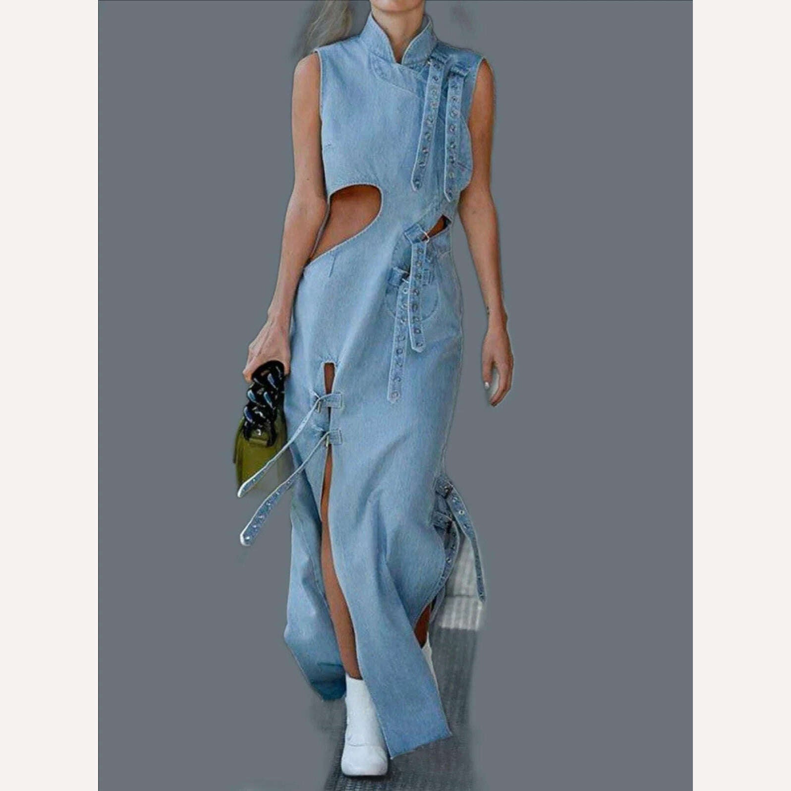 KIMLUD, Women Denim Dress Fashion High Waist Hollow Out Long Party Dress Sexy Cutout Sleeveless Thigh Stand Collar Slit Maxi Dresses, Blue / XL / CHINA, KIMLUD APPAREL - Womens Clothes
