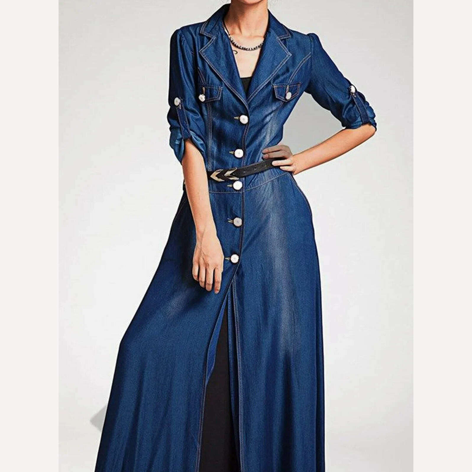 KIMLUD, Women Denim Dress Washed Long Sleeve Single Breasted Slim Casual Elegant Vintage Lapel Collar Big Swing Shirt Maxi Dresses 2024, KIMLUD Womens Clothes