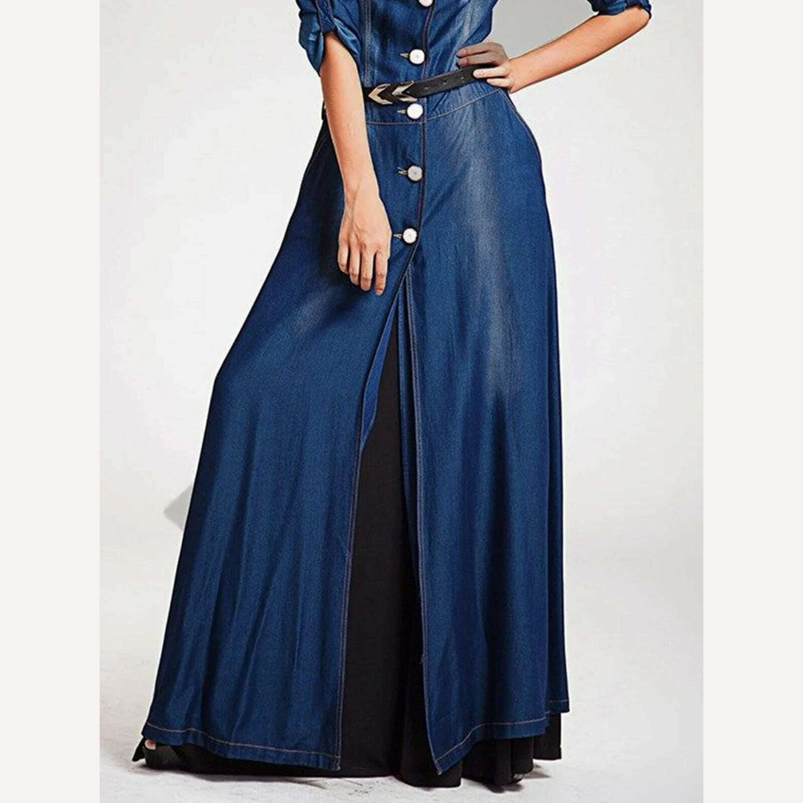 KIMLUD, Women Denim Dress Washed Long Sleeve Single Breasted Slim Casual Elegant Vintage Lapel Collar Big Swing Shirt Maxi Dresses 2024, KIMLUD Womens Clothes