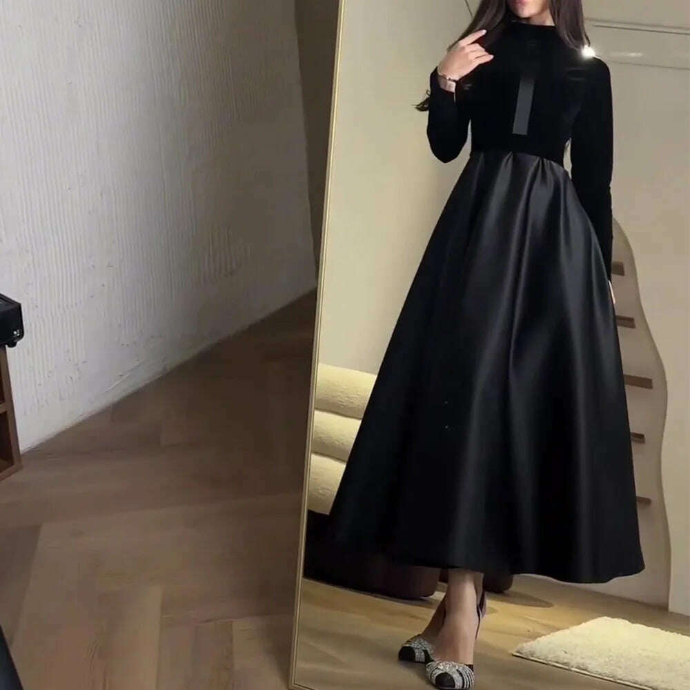 KIMLUD, Women Dress Canary Slim Waist Black Round Neck Long Sleeve Dress Vintage Commuter Robe Office Ladies Dress Vestidos, KIMLUD Womens Clothes