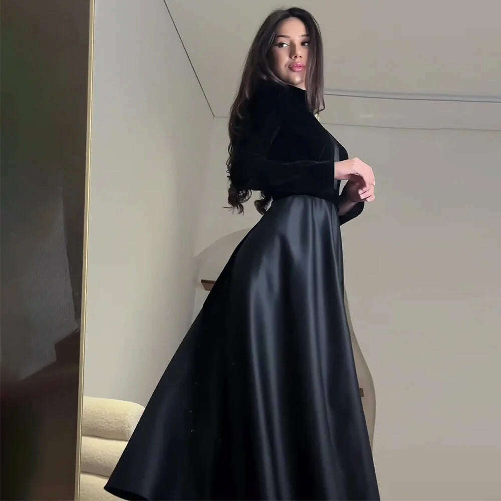 KIMLUD, Women Dress Canary Slim Waist Black Round Neck Long Sleeve Dress Vintage Commuter Robe Office Ladies Dress Vestidos, KIMLUD Womens Clothes
