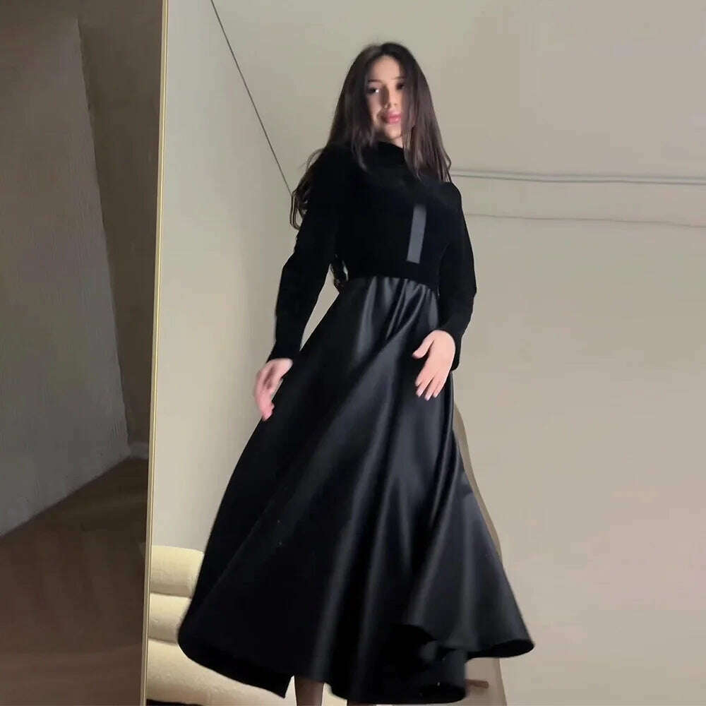 KIMLUD, Women Dress Canary Slim Waist Black Round Neck Long Sleeve Dress Vintage Commuter Robe Office Ladies Dress Vestidos, black / XL, KIMLUD APPAREL - Womens Clothes