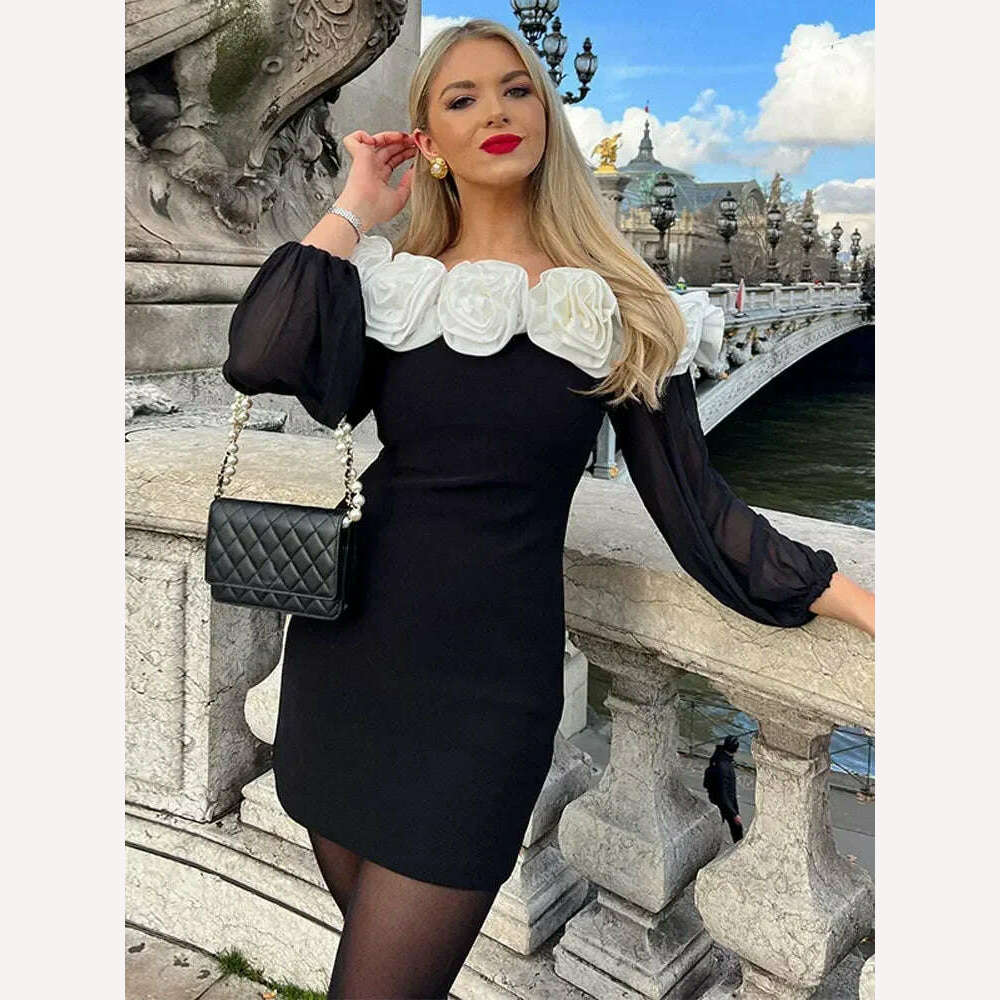 KIMLUD, Women Elegant 3d Flower Slash Neck Mini Dress Fashion Long Sleeve Solid Bodycon Dresses Female Fashion Streetwear Robes 2024, black / S, KIMLUD APPAREL - Womens Clothes