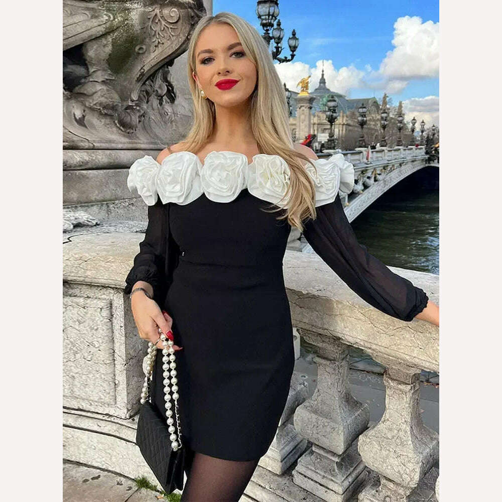 KIMLUD, Women Elegant 3d Flower Slash Neck Mini Dress Fashion Long Sleeve Solid Bodycon Dresses Female Fashion Streetwear Robes 2024, KIMLUD Womens Clothes