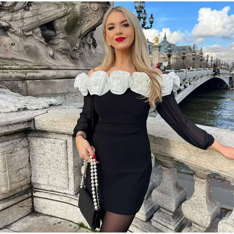 KIMLUD, Women Elegant 3d Flower Slash Neck Mini Dress Fashion Long Sleeve Solid Bodycon Dresses Female Fashion Streetwear Robes 2024, KIMLUD Womens Clothes