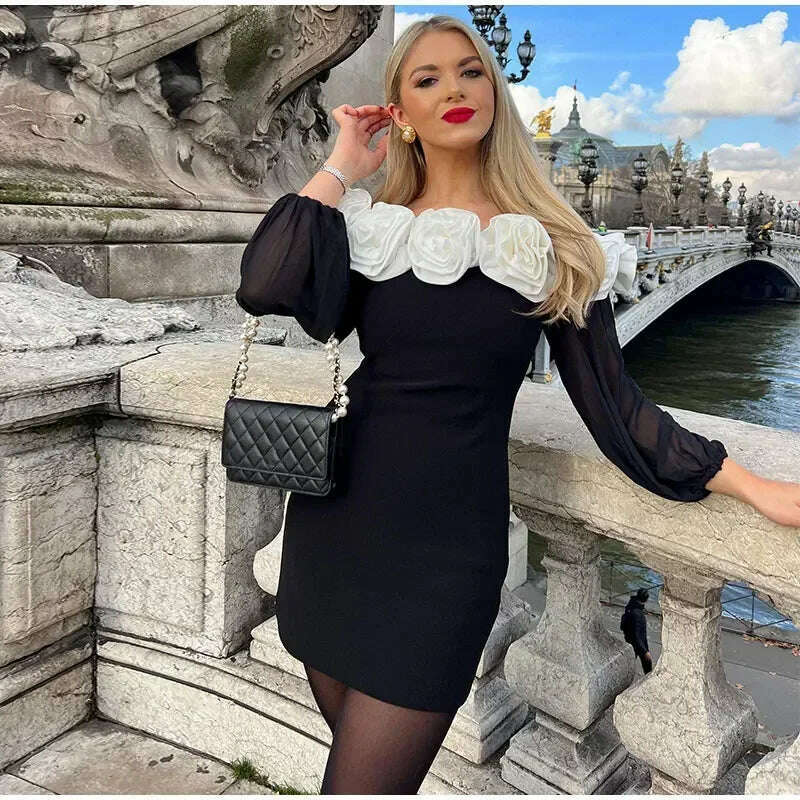 KIMLUD, Women Elegant 3d Flower Slash Neck Mini Dress Fashion Long Sleeve Solid Bodycon Dresses Female Fashion Streetwear Robes 2024, KIMLUD Womens Clothes
