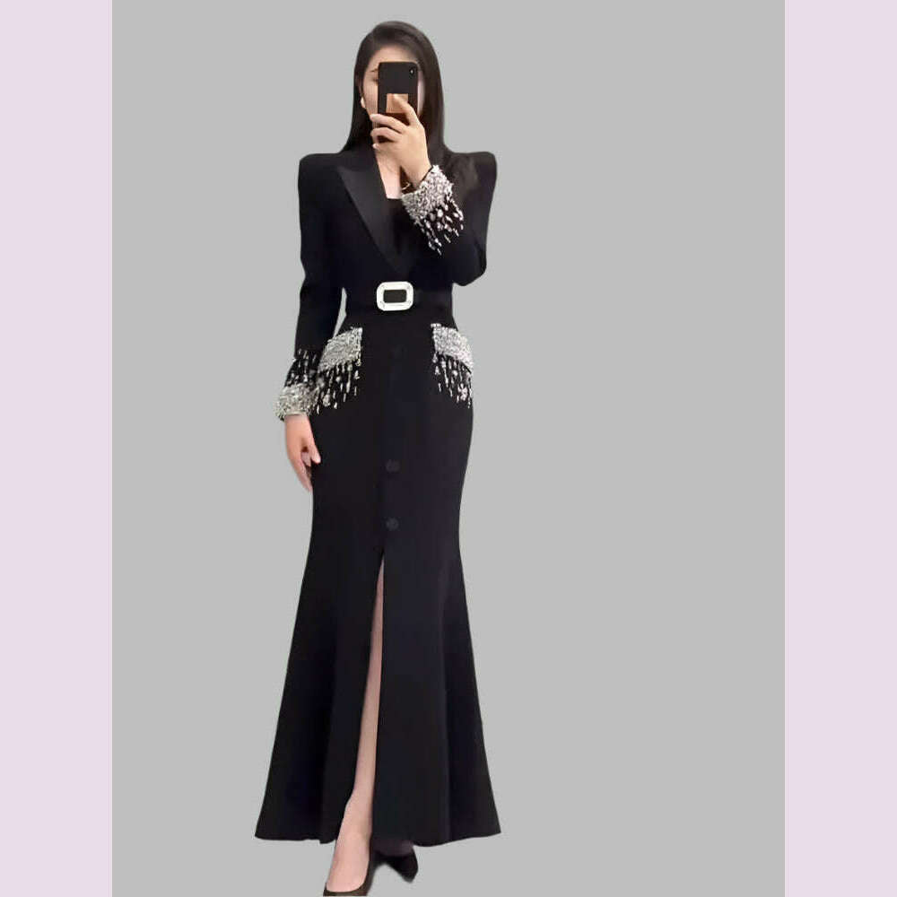 KIMLUD, Women Elegant Ankle Length Long Diamonds Dress Lady Single Breasted Belted Slim Waist Split Shiny Crystal Party Mermaid Dresses, KIMLUD Womens Clothes