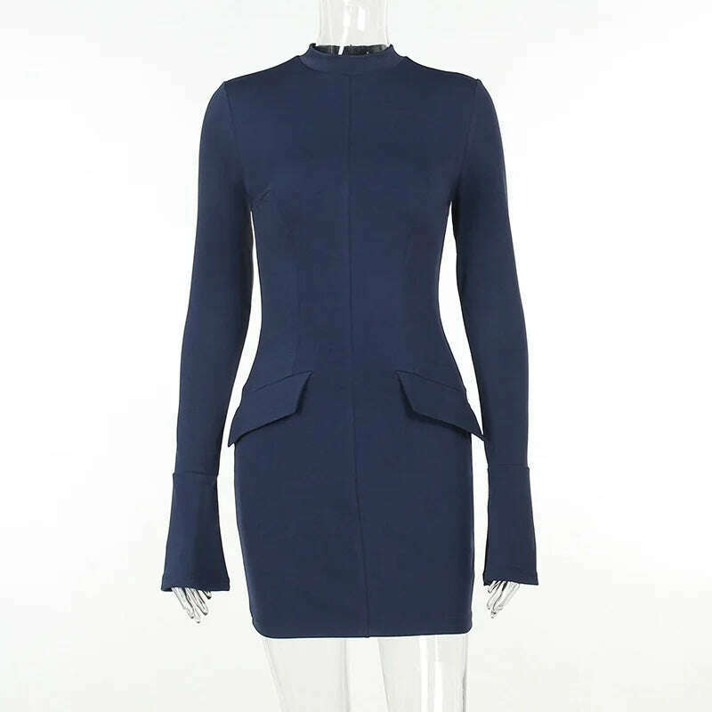 KIMLUD, Women Elegant Dark Blue Commuting Mini Dress 2023 Autumn Sexy Pocket Long Sleeve Bodycon Dresses Lady Chic Party Club Robe, KIMLUD Womens Clothes