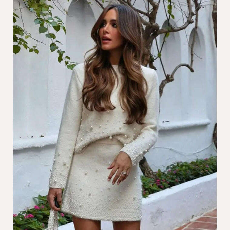 KIMLUD, Women Elegant Faux Pearls Knit Sweater Suit Fashion Round Neck Long Sleeve Top High Waist Skirt Set 2023 Women Lady Chic Outfit, KIMLUD Women's Clothes