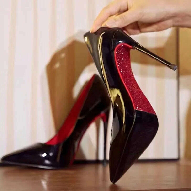 KIMLUD, Women Elegant Luxury Shiny Rhinestone High Heels Sexy Red Bottom Pumps Brand Shoes Sexy Party Pointed Toe Wedding Banquet Shoes, KIMLUD Womens Clothes