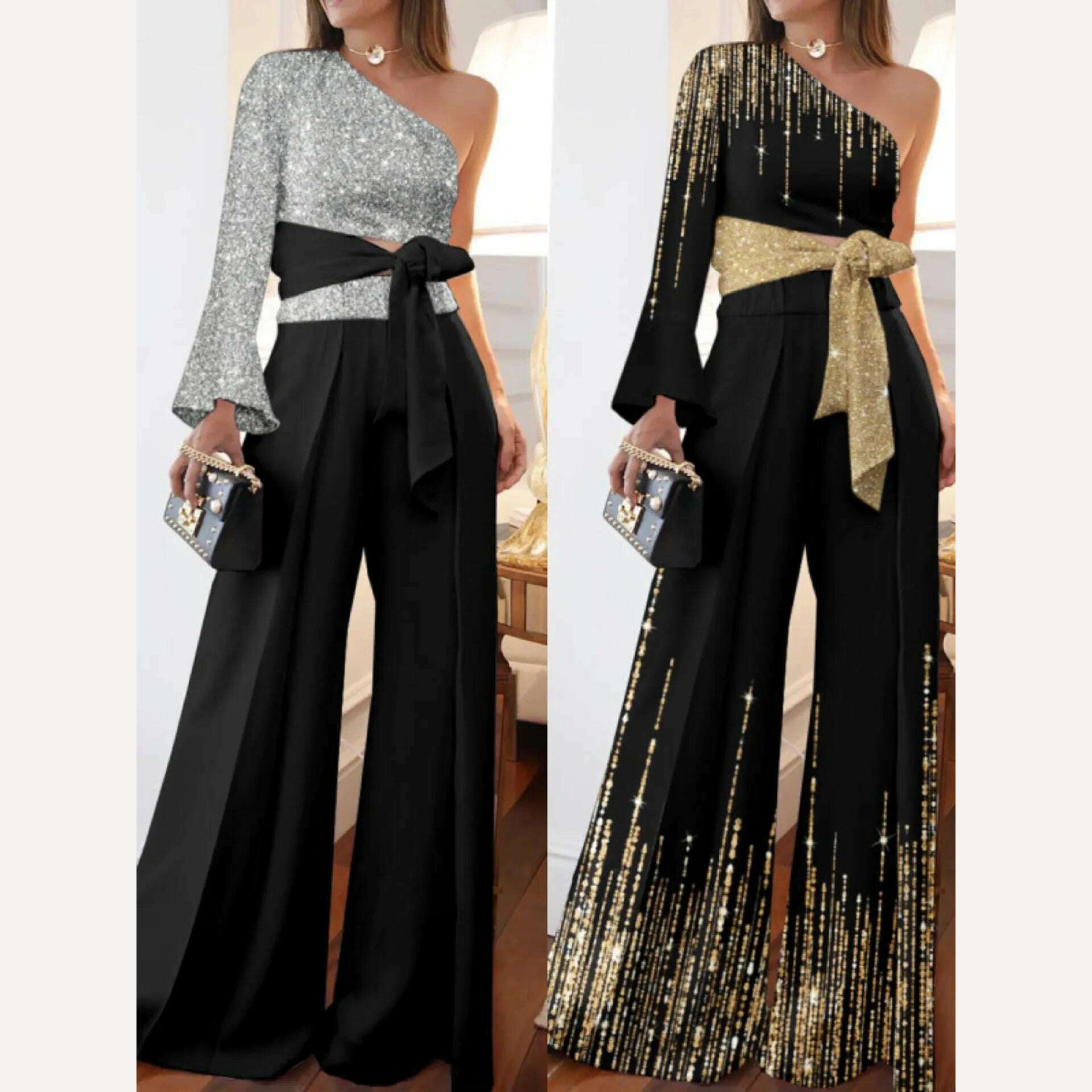 KIMLUD, Women Elegant Outfit One Shoulder Shirt Bandage Bowknot Long Pants Wide Leg Fashion Top Patchwork Shiny Pants Set, KIMLUD Womens Clothes