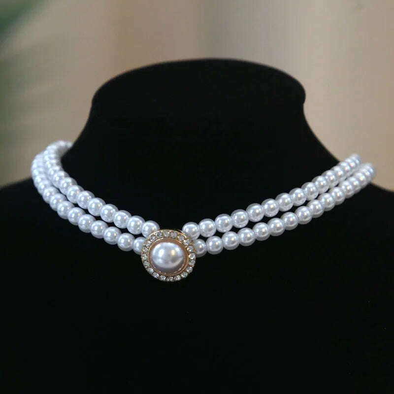 KIMLUD, Women Elegant Pearl Double Layers Necklace Earrings Exquisite Vintage Classic Chains For Lady Party Wedding Retro Jewelry Choker, Necklace, KIMLUD Womens Clothes