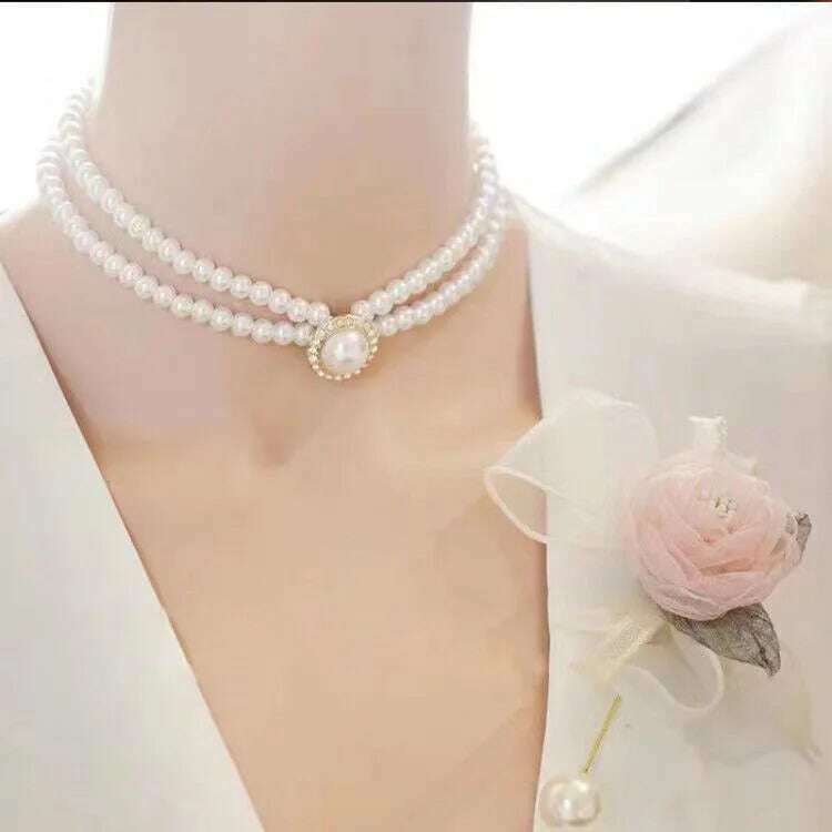 KIMLUD, Women Elegant Pearl Double Layers Necklace Earrings Exquisite Vintage Classic Chains For Lady Party Wedding Retro Jewelry Choker, KIMLUD Womens Clothes
