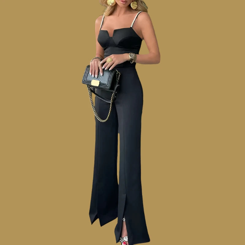 Women Elegant Spaghetti Straps with Beading Sleeveless Sexy Working Formal Jumpsuits - KIMLUD