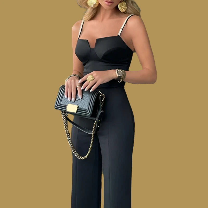 Women Elegant Spaghetti Straps with Beading Sleeveless Sexy Working Formal Jumpsuits - KIMLUD