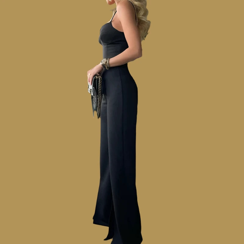 Women Elegant Spaghetti Straps with Beading Sleeveless Sexy Working Formal Jumpsuits - KIMLUD