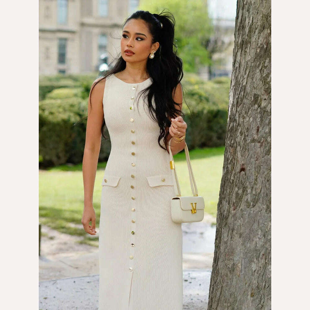 KIMLUD, Women Elegant White Single Breasted Knit Dress Fashion O-neck Sleeveless Bodycon Long Robes 2024 Summer Evening Party Vestidos, KIMLUD Womens Clothes