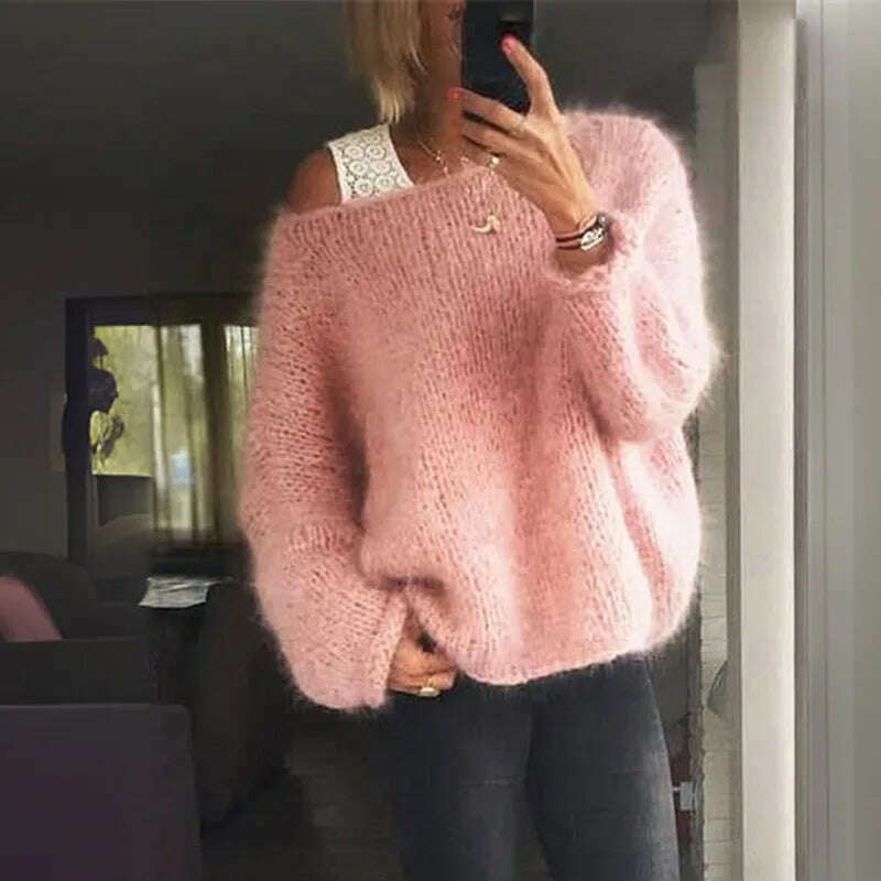 KIMLUD, Women Elelgant Sweater Female Autumn Round Neck Long Sleeve Sweaters Casual Loose Knitted Pullovers Solid Color Oversize Sweater, KIMLUD Womens Clothes