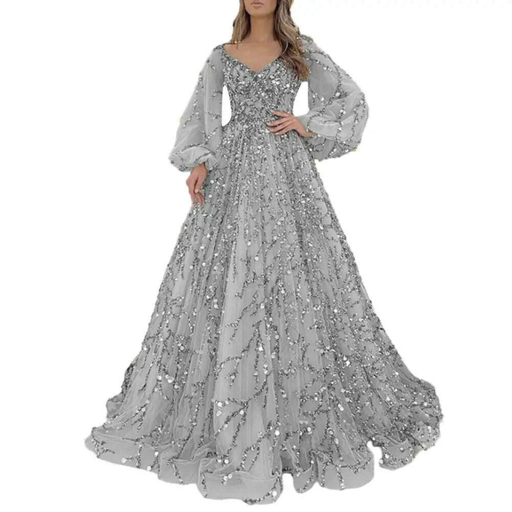 KIMLUD, Women Evening Dress Shiny Sequin Beading Padded Floor Length Prom Gown V Neck Lantern Sleeve Mesh Double-layered Party Dress, Grey / M, KIMLUD APPAREL - Womens Clothes