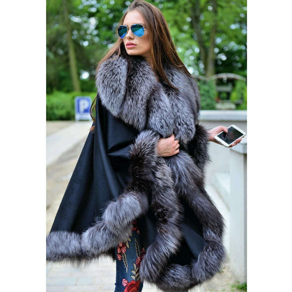 KIMLUD, Women Fashion Cashmere Capes with Silver Fox Fur Collar Natural Woman Fox Fur Wool Blends Capes Female Winter Overcoats Luxury, KIMLUD Womens Clothes