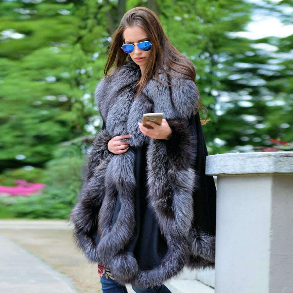 KIMLUD, Women Fashion Cashmere Capes with Silver Fox Fur Collar Natural Woman Fox Fur Wool Blends Capes Female Winter Overcoats Luxury, KIMLUD Womens Clothes